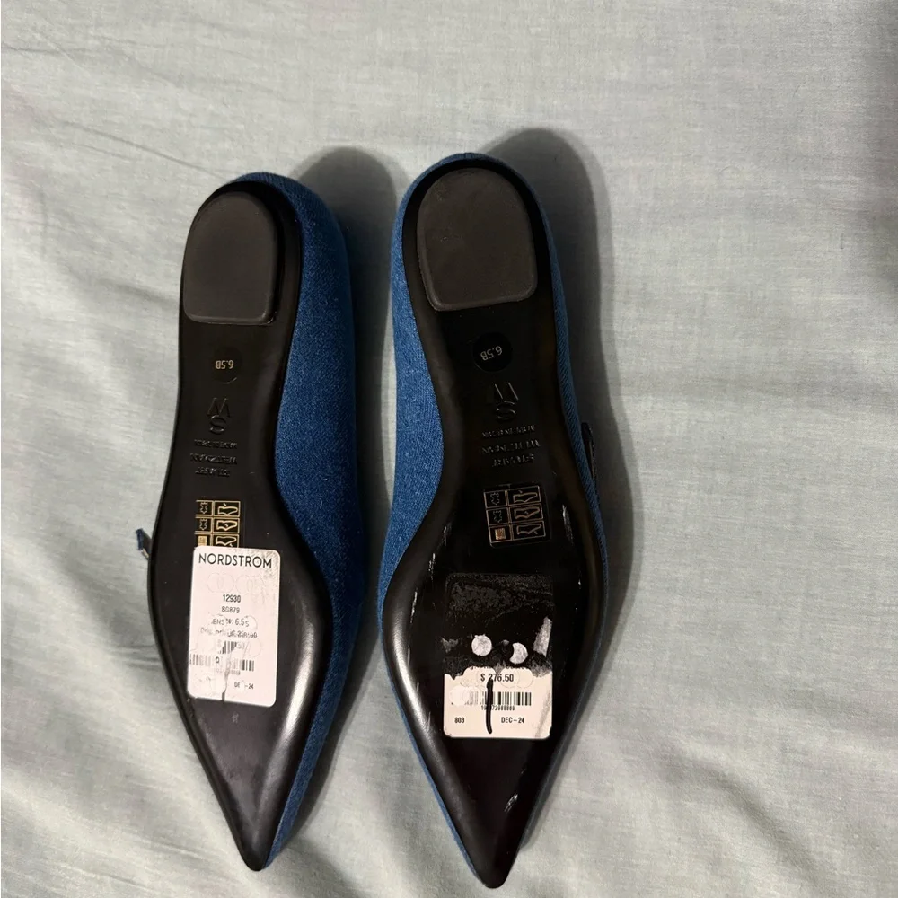 Stuart Weitzman Emilia Denim Blue Pointed-Toe Mary Jane Flats